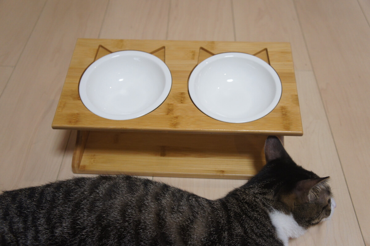 猫用ご飯皿　ボウル２つ　ご飯台　食器台　猫耳